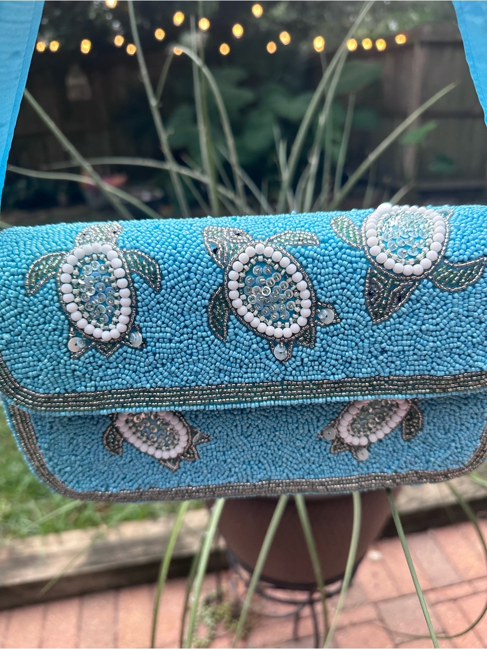 Beaded Turtle Embellished Turquoise Shoulder Bag Handmade